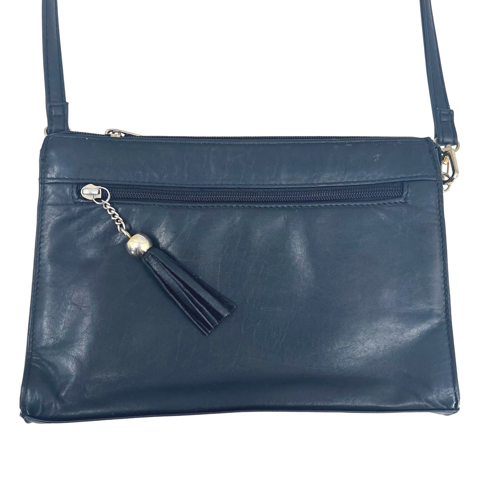 First Edition‎ Black Genuine Leather Crossbody Bag Tassel Gold Vintage